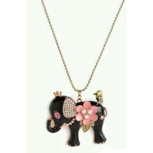 * Betsey Johnson Black Enamel Elephant Trunk Up  Pendant Gold Tone Necklace